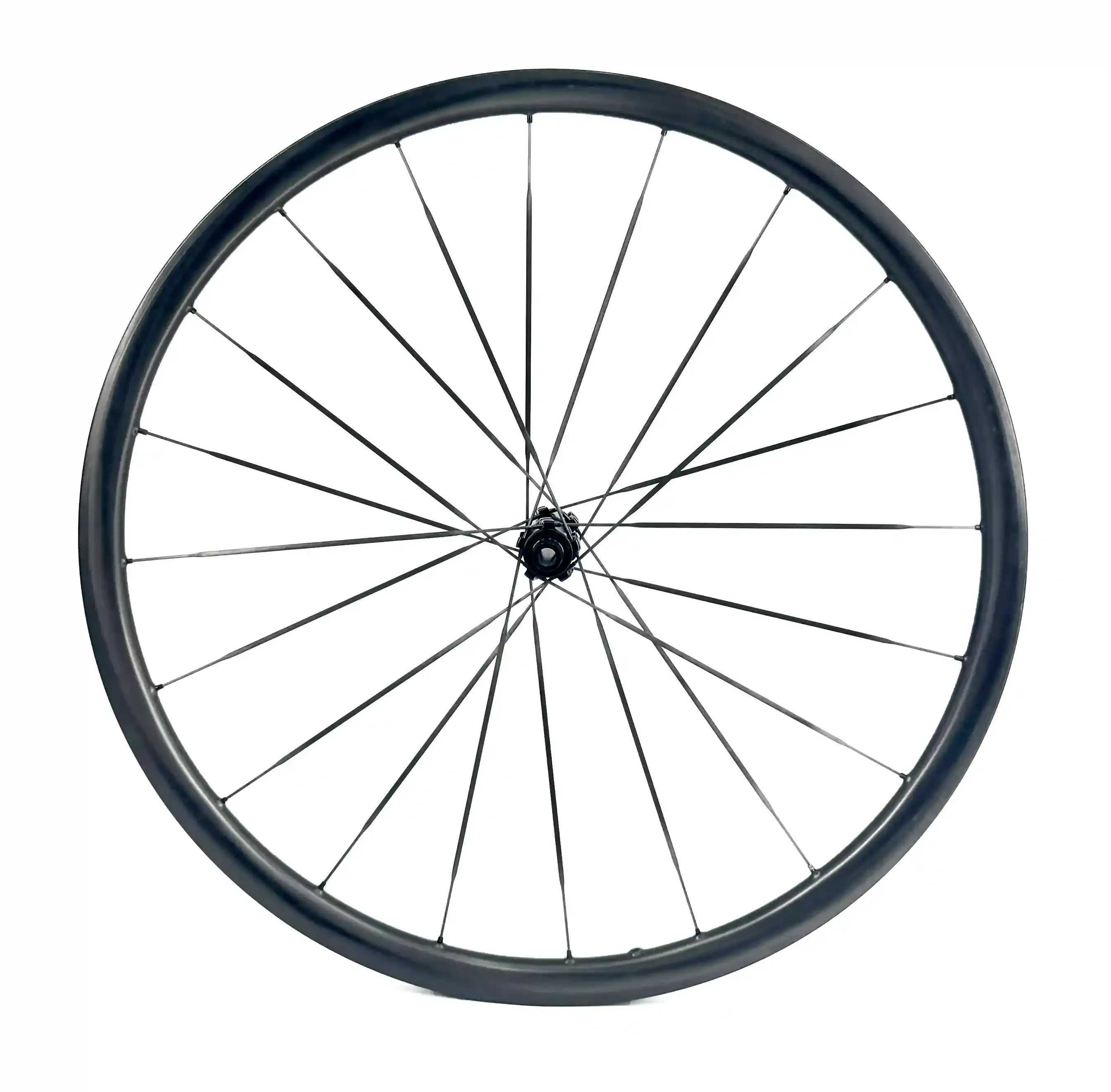 Hand-built OEM carbon wheelset with customer branding, close-up of spoke lacing detail