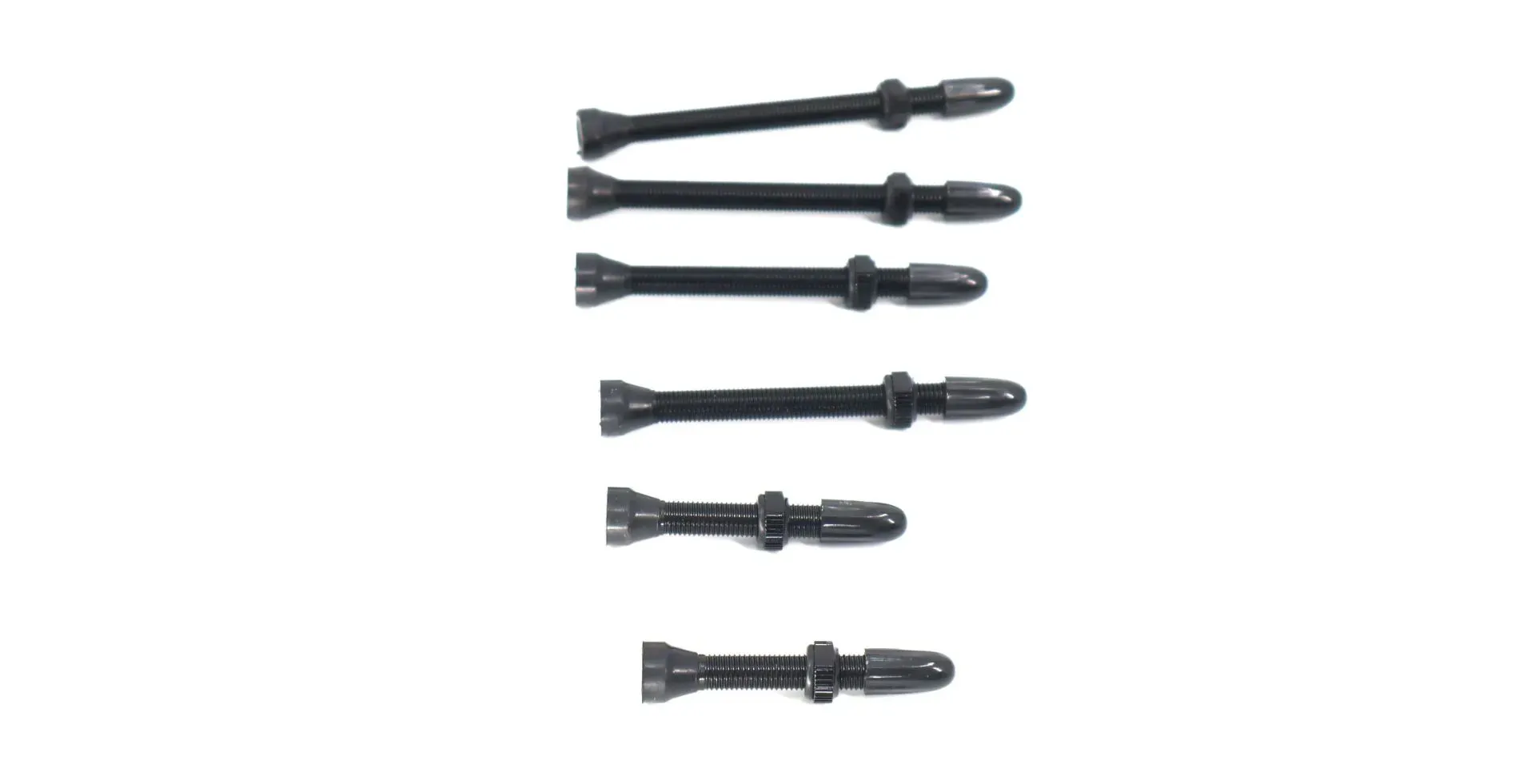 Black-bicycle-valve-stems-in-different-lengths-with-retaining-nuts-and-caps